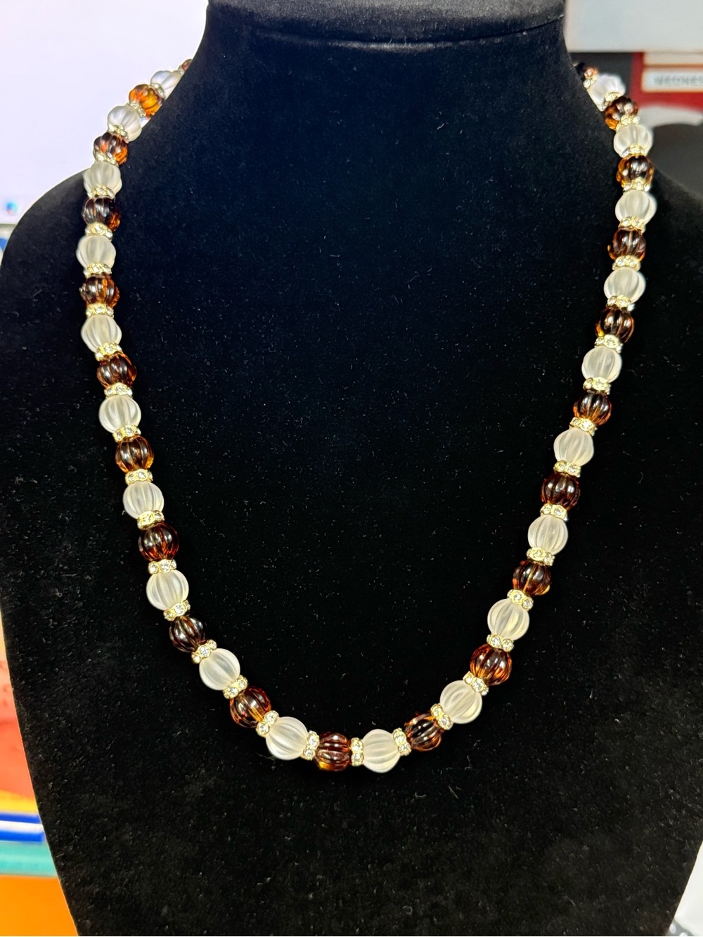 Handmade 23” Swarovski Stone Amber & Frosted White Beaded Necklace
